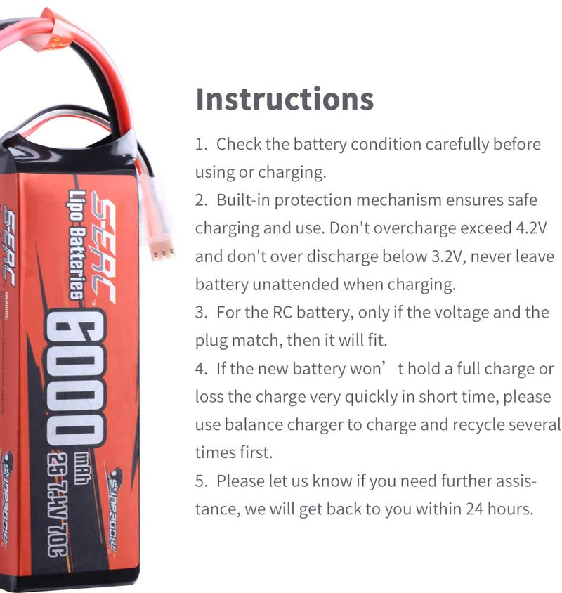 【Sunpadow】 2S Lipo Battery 7.4V 6000mAh 70C Soft Pack with Deans T Plug for RC Car