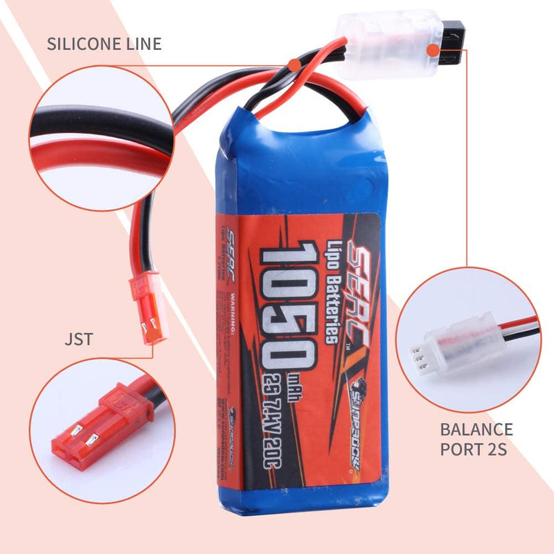 【Sunpadow】2pcs 2S Lipo Battery 7.4V 20C 1050mAh with JST Plug for RC Airplane Hobby