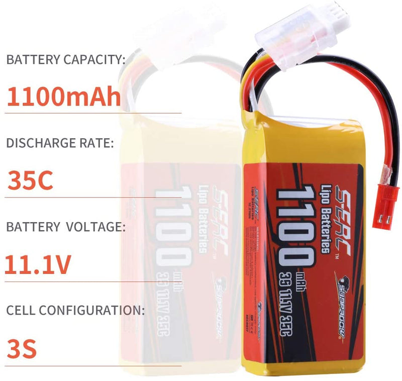 【Sunpadow】11.1V 3S RC Lipo Battery 35C 1100mAh with JST Plug for RC Drone Racing (2 Units/Pack)