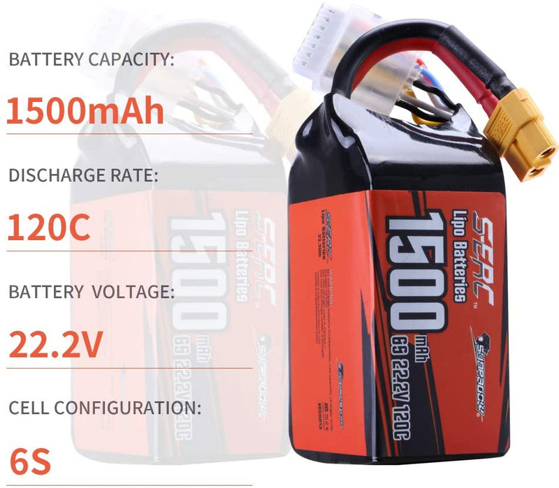 【Sunpadow】 6S 22.2V Lipo Battery 1500mAh 120C Soft Pack with XT60 for RC FPV Racing 2 Packs (Buy One Get Two)