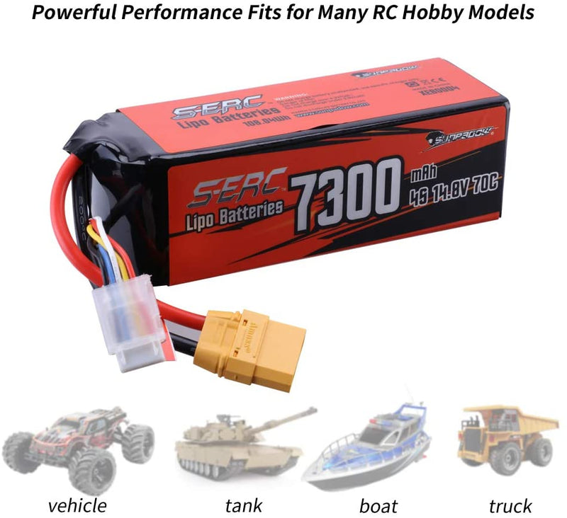 【Sunpadow】4S 14.8V Lipo Battery 7300mAh 70C Soft Pack with XT90 Connector for RC Car Hobby