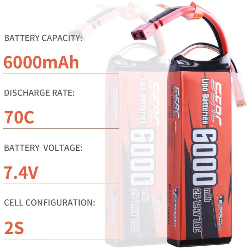 【Sunpadow】 2S Lipo Battery 7.4V 6000mAh 70C Soft Pack with Deans T Plug for RC Car