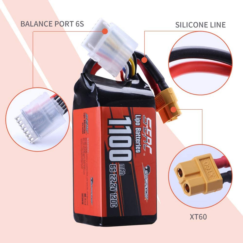 【Sunpadow】 6S 22.2V Lipo Battery 1100mAh 120C Soft Pack with XT60 for RC FPV Racing 2units/Pack (Buy One Get Two)