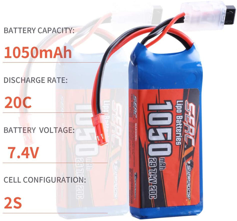 【Sunpadow】2pcs 2S Lipo Battery 7.4V 20C 1050mAh with JST Plug for RC Airplane Hobby