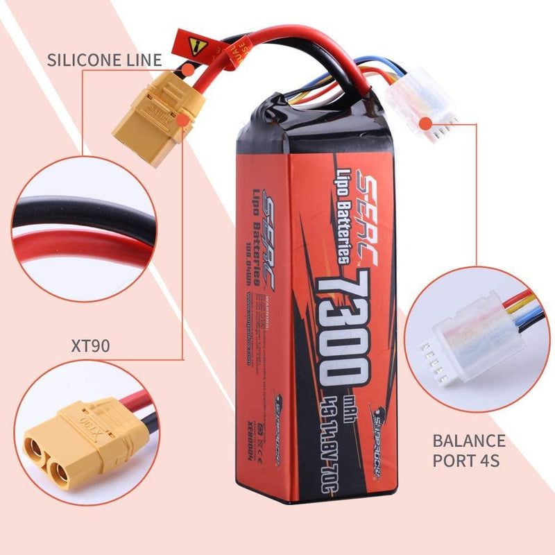 【Sunpadow】4S 14.8V Lipo Battery 7300mAh 70C Soft Pack with XT90 Connector for RC Car Hobby