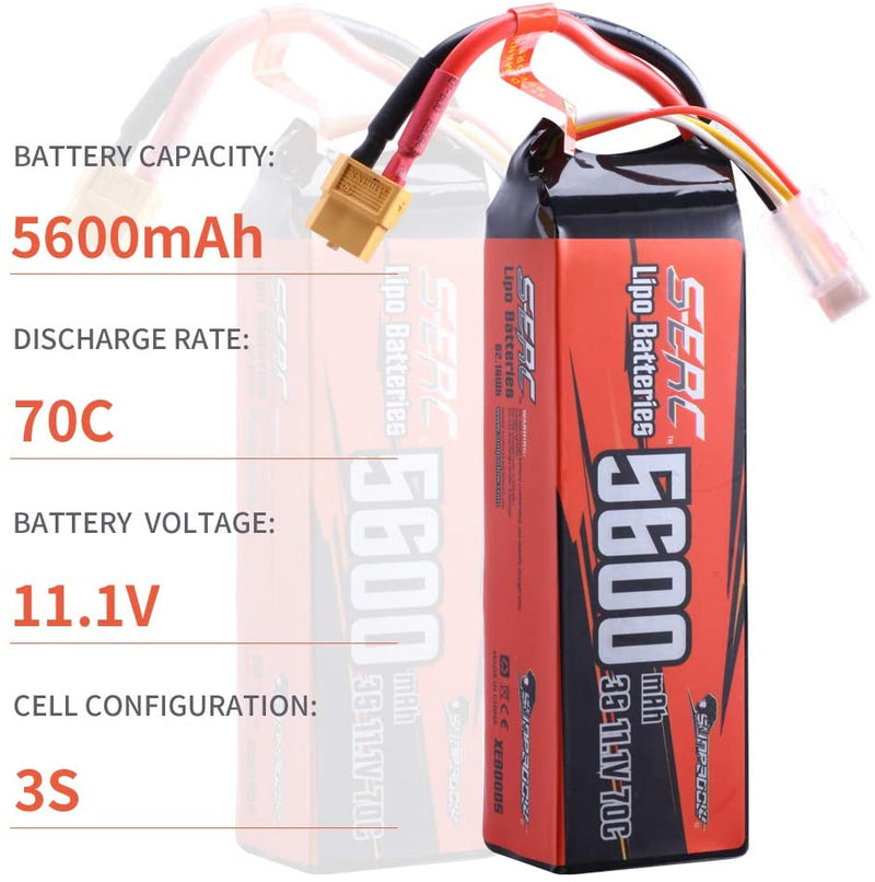 【Sunpadow】11.1V 3S LiPo Battery 5600mAh 70C with XT60 Connector Soft Pack for RC Car RC Truck