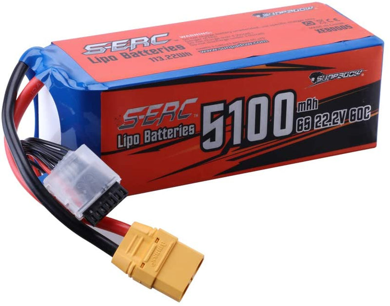 【Sunpadow】6S RC Lipo Battery 22.2V 60C 5100mAh with XT90 Plug for RC Drone Racing