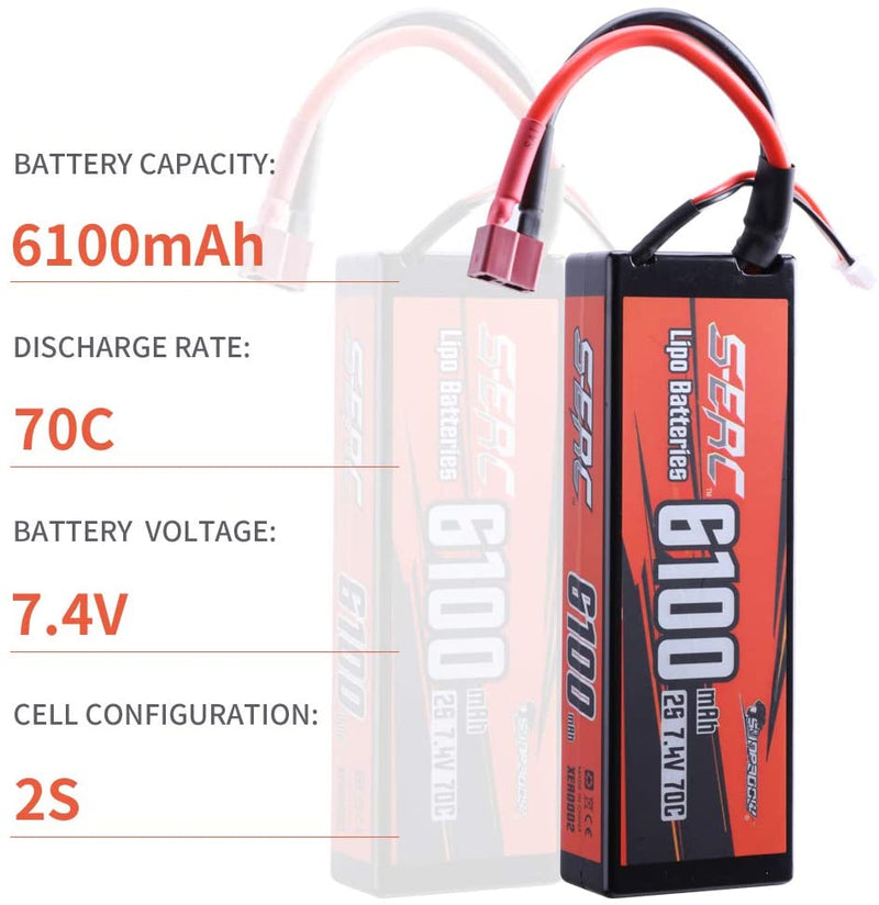 【Sunpadow】7.4V 2S Lipo Battery 6100mAh 70C Hard Case with Deans T Plug for RC Truck