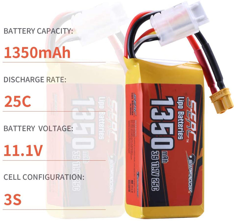 【Sunpadow】11.1V 3S RC Lipo Battery 25C 1350mAh for RC Airplane 2 units/pack