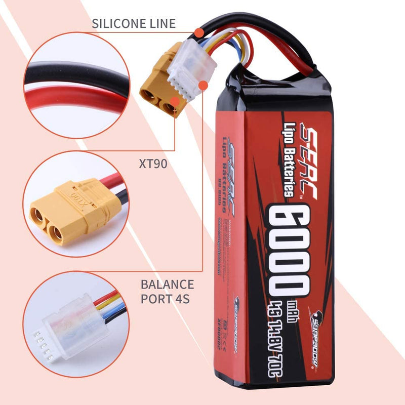 【Sunpadow】 4S Lipo Battery 14.8V 6000mAh 70C Soft Pack with XT90 Connector For RC Car