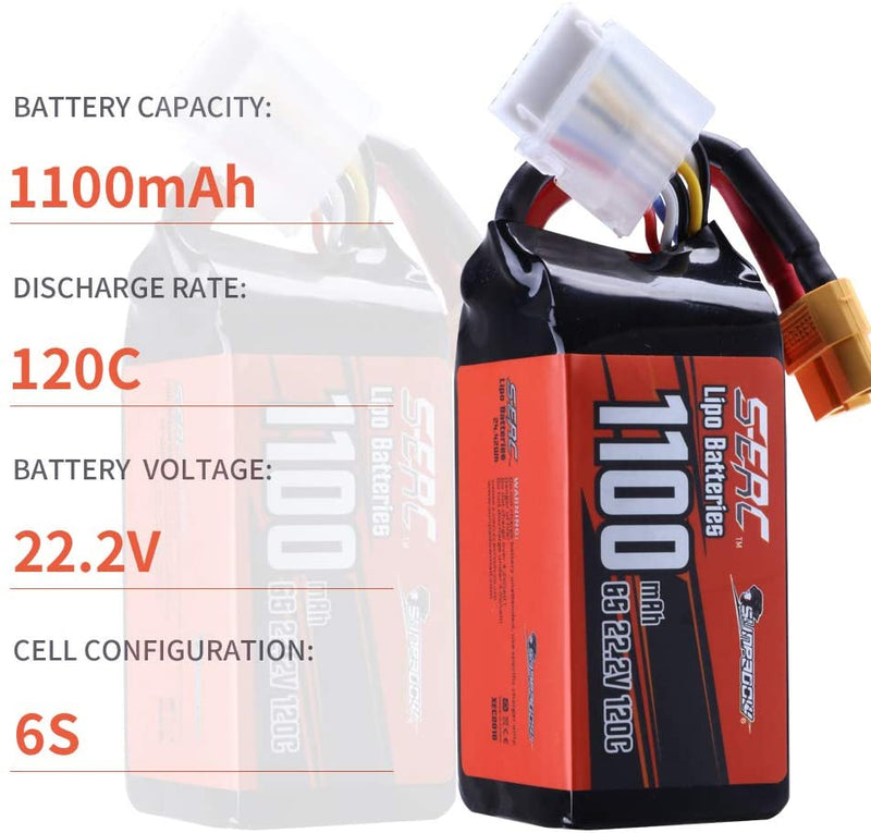 【Sunpadow】 6S 22.2V Lipo Battery 1100mAh 120C Soft Pack with XT60 for RC FPV Racing 2units/Pack (Buy One Get Two)