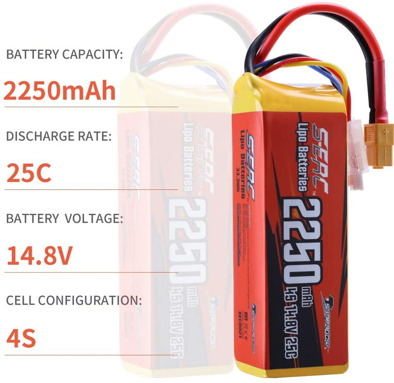 【Sunpadow】2pcs 14.8V 4S RC Lipo Battery 25C 2250mAh with XT60 Plug for RC Airplane Racing Hobby