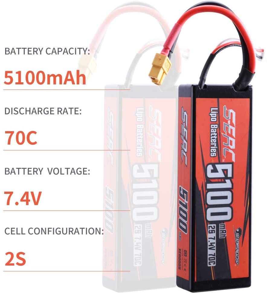 Sunpadow】 2S 7.4V Lipo Battery 5100mAh 70C Hard Case with