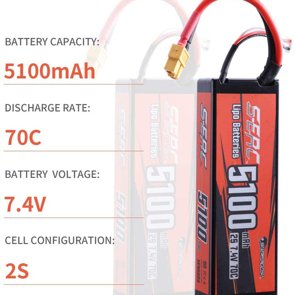 Sunpadow】 2S 7.4V Lipo Battery 5100mAh 70C Hard Case with XT60 Connec
