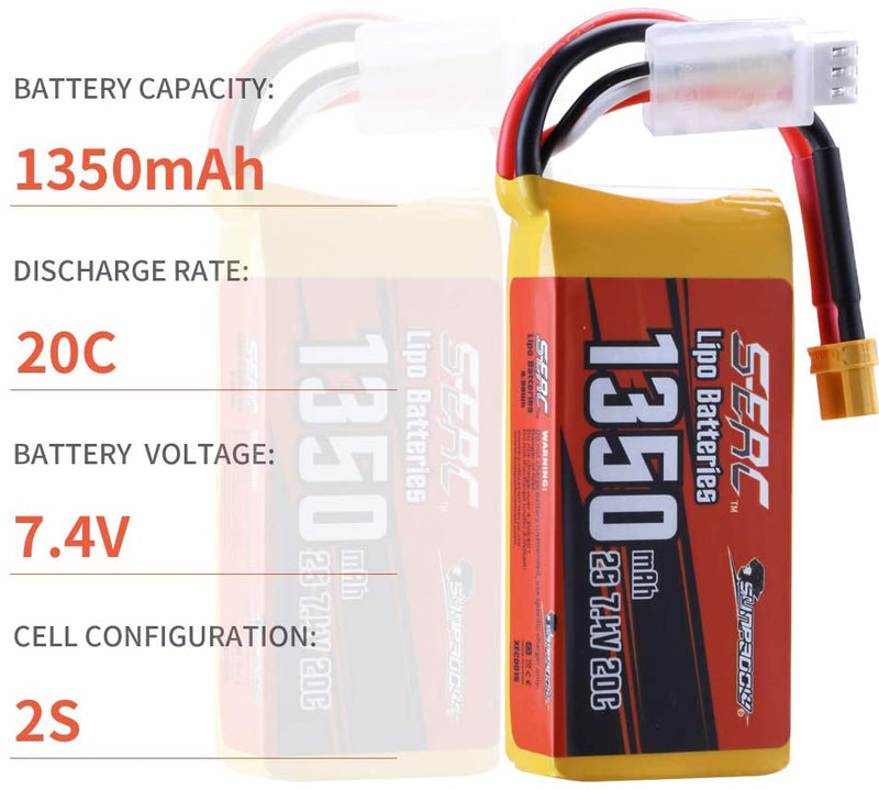 【Sunpadow】 7.4V 2S RC Lipo Battery 20C 1350mAh with XT30 Plug for RC Airplane Racing 2 Packs (Buy One Get Two)