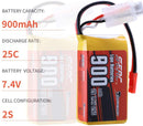 【Sunpadow】7.4V 2S RC Lipo Battery 25C 900mAh with JST Plug for RC Airplane Racing 2 Packs (Buy One Get Two)