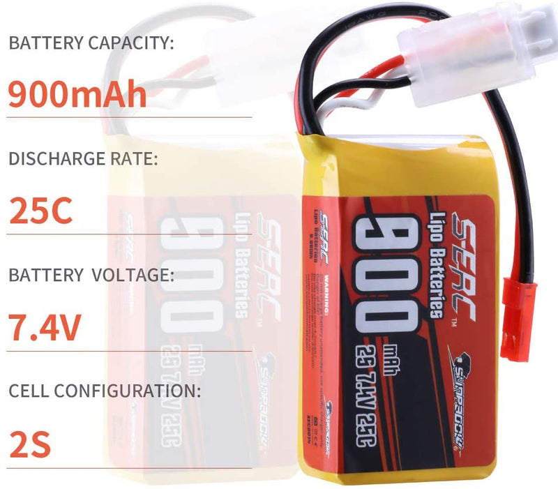 【Sunpadow】7.4V 2S RC Lipo Battery 25C 900mAh with JST Plug for RC Airplane Racing 2 Packs (Buy One Get Two)