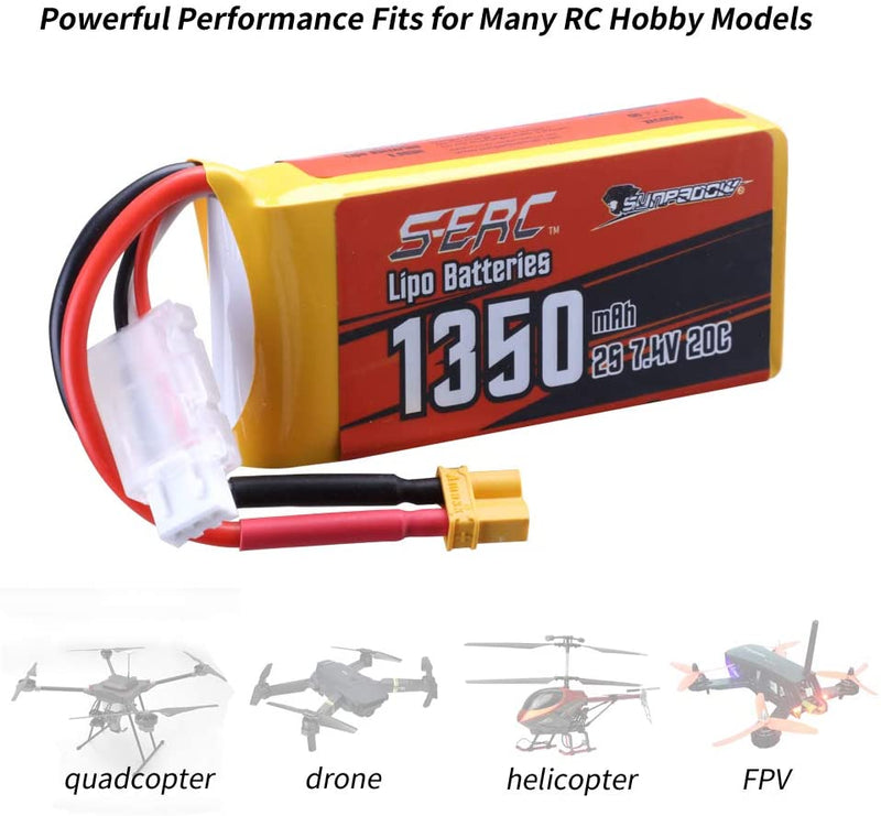 【Sunpadow】 7.4V 2S RC Lipo Battery 20C 1350mAh with XT30 Plug for RC Airplane Racing 2 Packs (Buy One Get Two)