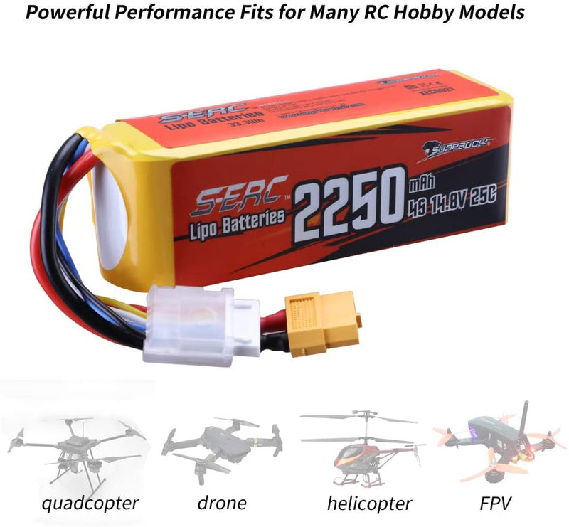 【Sunpadow】2pcs 14.8V 4S RC Lipo Battery 25C 2250mAh with XT60 Plug for RC Airplane Racing Hobby