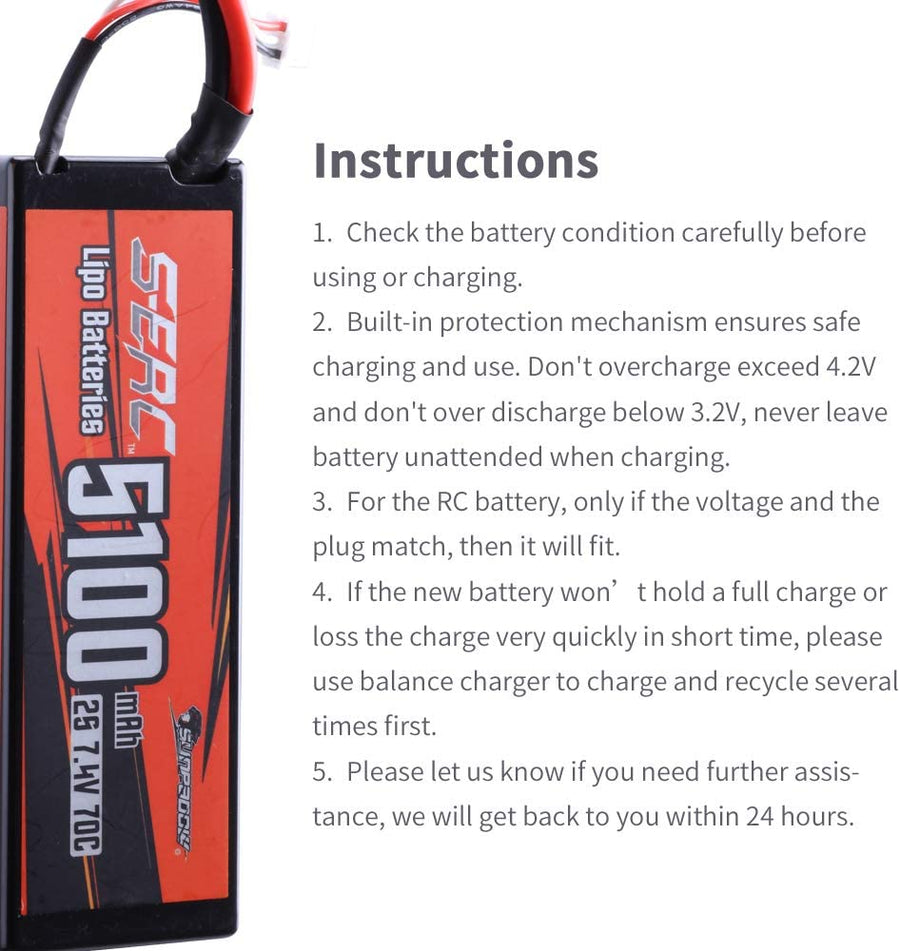 Sunpadow】 2S 7.4V Lipo Battery 5100mAh 70C Hard Case with