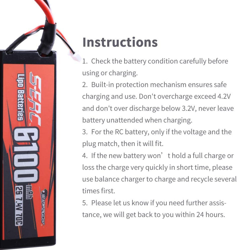 【Sunpadow】7.4V 2S Lipo Battery 6100mAh 70C Hard Case with Deans T Plug for RC Truck