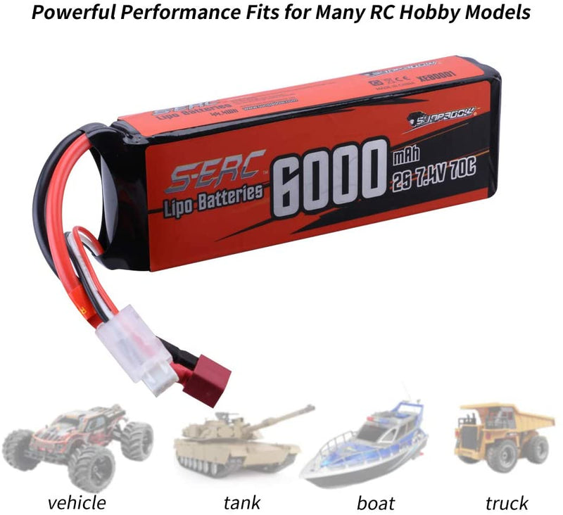 【Sunpadow】 2S Lipo Battery 7.4V 6000mAh 70C Soft Pack with Deans T Plug for RC Car