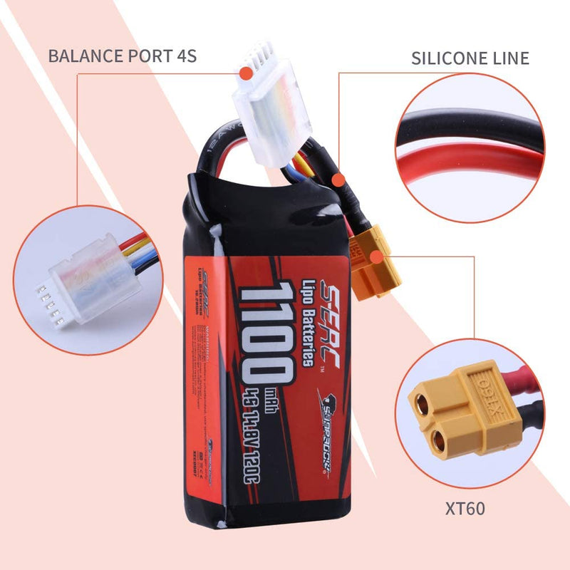 【Sunpadow】 4S Lipo Battery 14.8V 1100mAh 120C Soft Pack with XT60 Plug for RC Drone 2 Packs