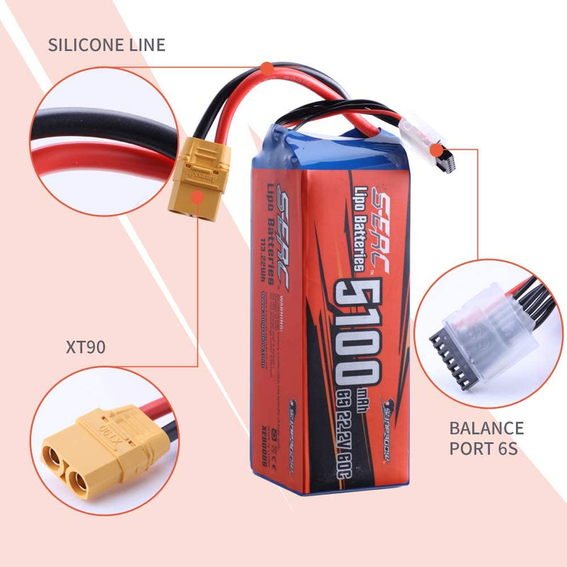 【Sunpadow】6S RC Lipo Battery 22.2V 60C 5100mAh with XT90 Plug for RC Drone Racing