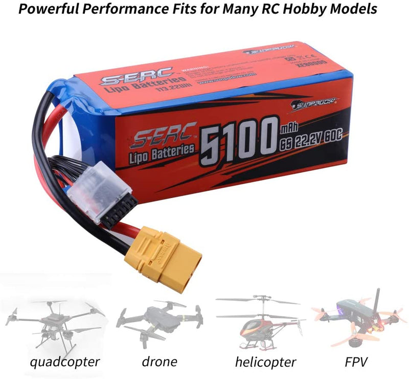 【Sunpadow】6S RC Lipo Battery 22.2V 60C 5100mAh with XT90 Plug for RC Drone Racing