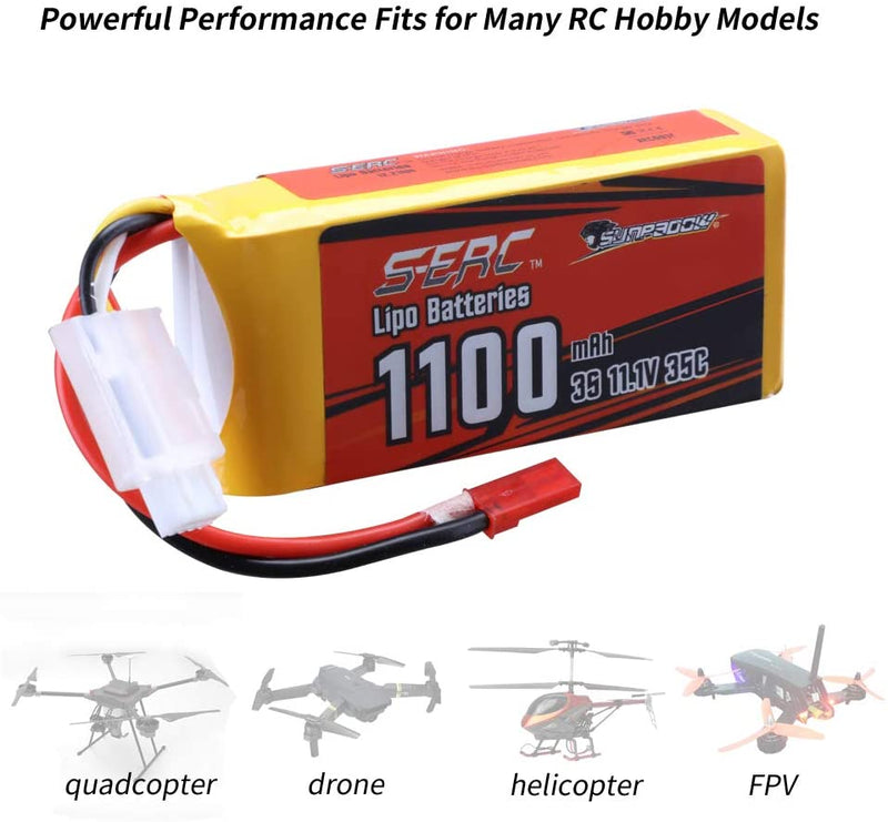 【Sunpadow】11.1V 3S RC Lipo Battery 35C 1100mAh with JST Plug for RC Drone Racing (2 Units/Pack)