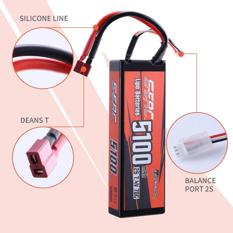 【Sunpadow】 2S 7.4V Lipo Battery 5100mAh 70C Hard Case with Deans T Plug for RC Car Hobby