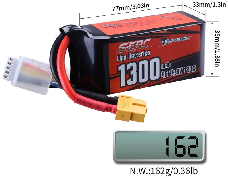 【Sunpadow】 4S 14.8V Lipo Battery 1300mAh 120C Soft Pack with XT60 Connector for FPV 2 Packs (Buy One Get Two)