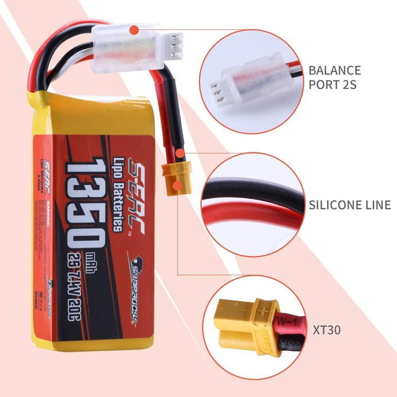 【Sunpadow】 7.4V 2S RC Lipo Battery 20C 1350mAh with XT30 Plug for RC Airplane Racing 2 Packs (Buy One Get Two)