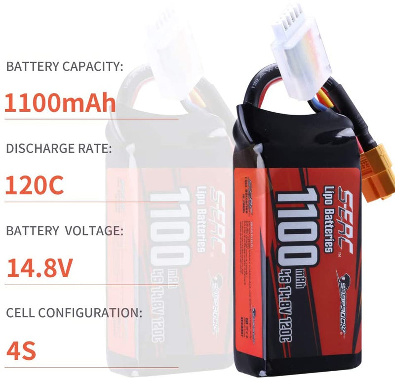 【Sunpadow】 4S Lipo Battery 14.8V 1100mAh 120C Soft Pack with XT60 Plug for RC Drone 2 Packs