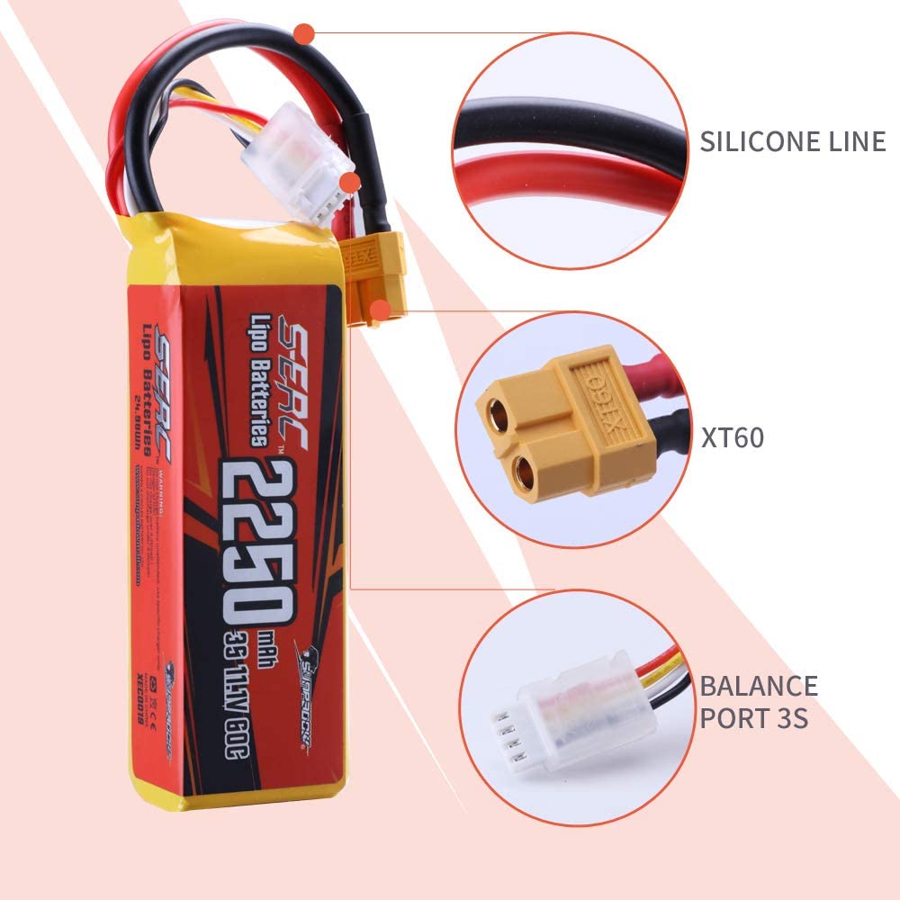 Batteries Lipo SIGP 11.1V 3S 2250mAh 40C - Lot De 2 Avec Connecteur XT60 - Pour Drone FPV, Avion RC, Hélicoptère