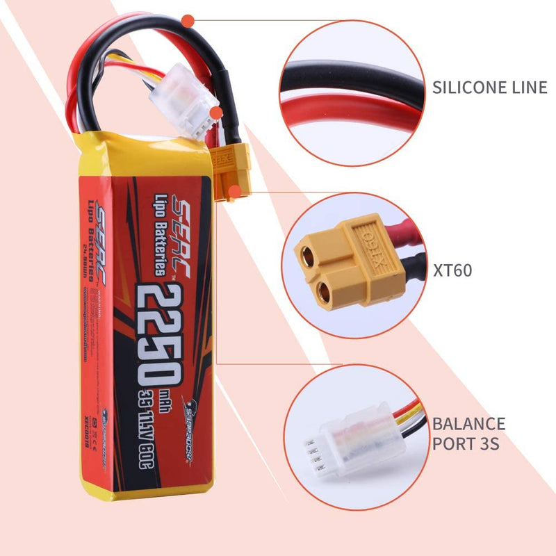 Sunpadow 2pcs 11.1V 3S RC Lipo Battery 60C 2250mAh with XT60 Plug for RC FPV Racing Hobby