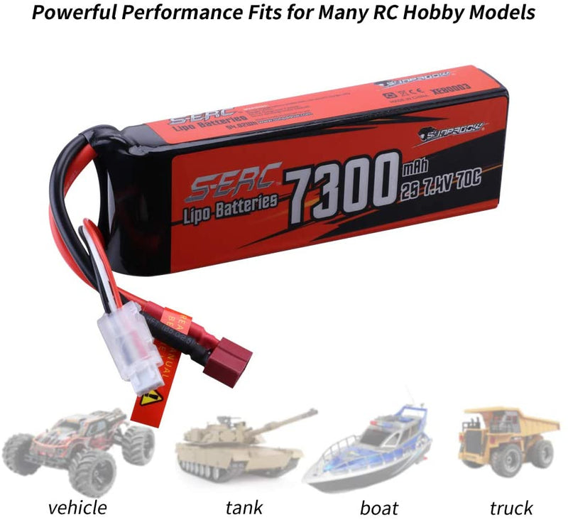 【Sunpadow】2S 7.4V Lipo Battery 7300mAh 70C Soft Pack with Deans T Plug for RC Vehicles Hobby