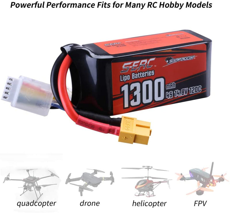 【Sunpadow】 4S 14.8V Lipo Battery 1300mAh 120C Soft Pack with XT60 Connector for FPV 2 Packs (Buy One Get Two)