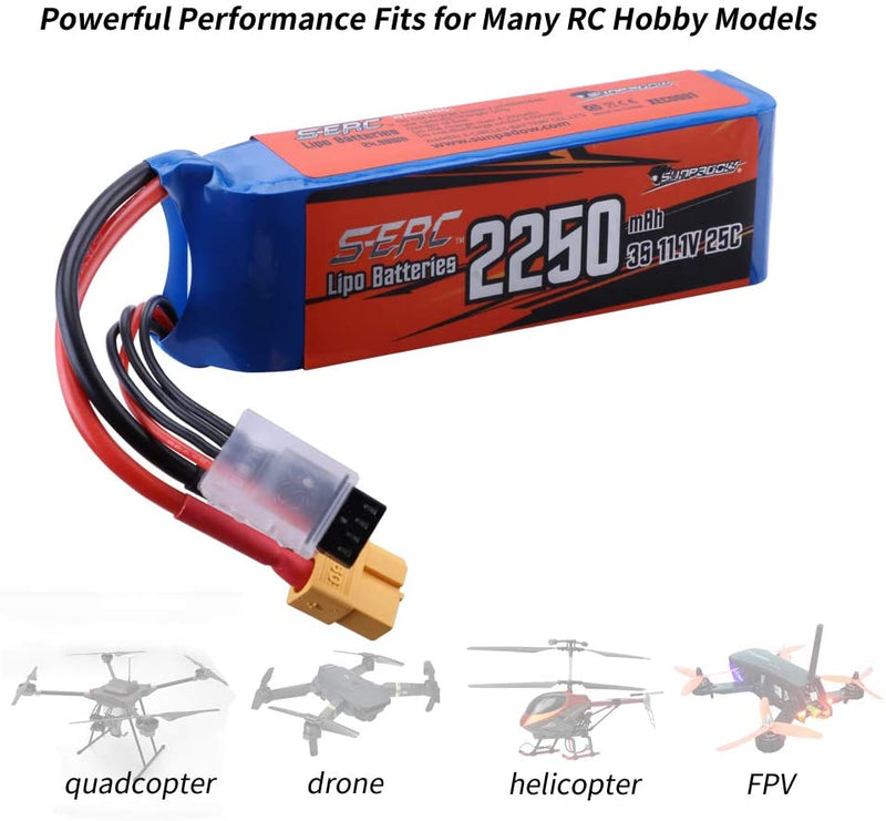 【Sunpadow】2pcs 3S 11.1V Lipo Battery 25C 2250mAh with XT60 Plug for RC Quadcopter Hobby