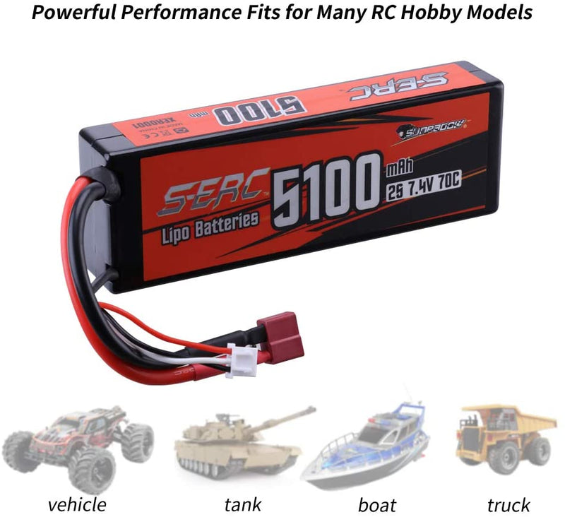 【Sunpadow】 2S 7.4V Lipo Battery 5100mAh 70C Hard Case with Deans T Plug for RC Car Hobby