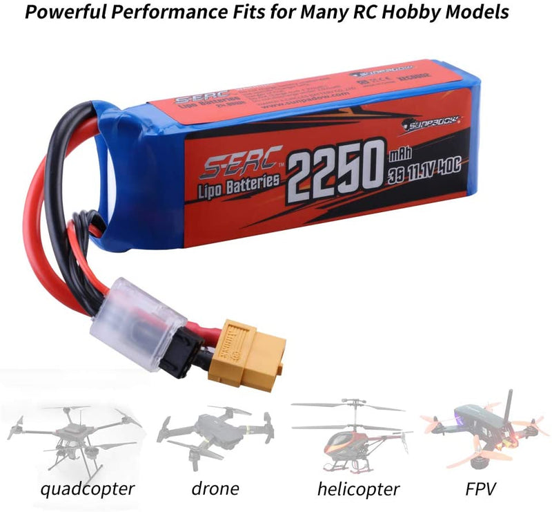 【Sunpadow】2pcs 3S Lipo Battery 11.1V 40C 2250mAh with XT60 Plug for RC Airplane Drone