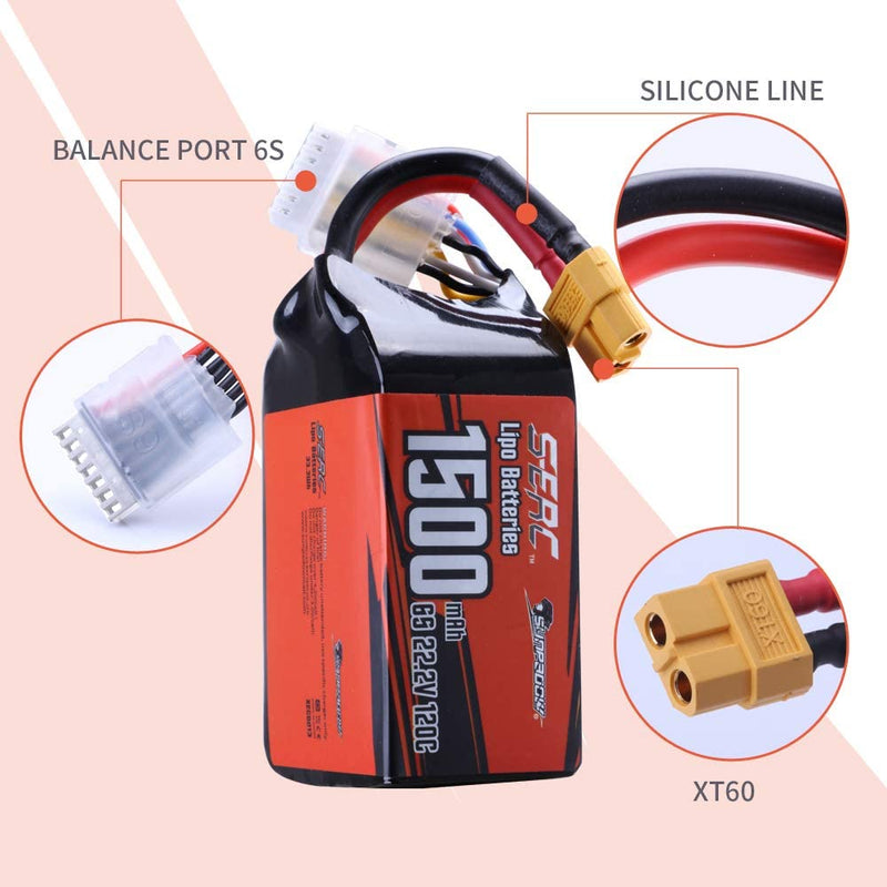 【Sunpadow】 6S 22.2V Lipo Battery 1500mAh 120C Soft Pack with XT60 for RC FPV Racing 2 Packs (Buy One Get Two)