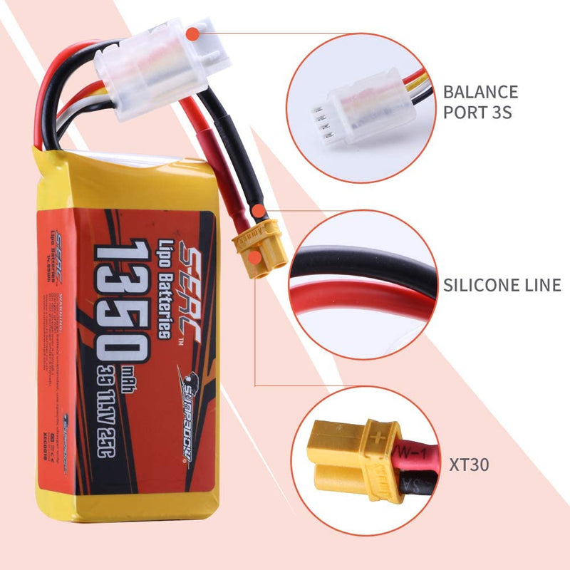 【Sunpadow】11.1V 3S RC Lipo Battery 25C 1350mAh for RC Airplane 2 units/pack