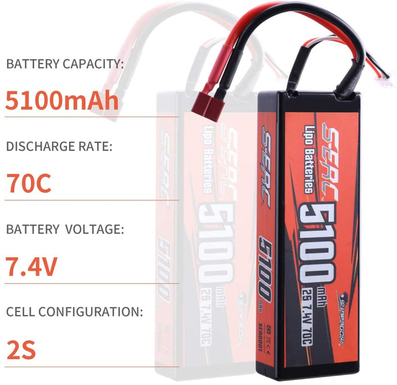 【Sunpadow】 2S 7.4V Lipo Battery 5100mAh 70C Hard Case with Deans T Plug for RC Car Hobby