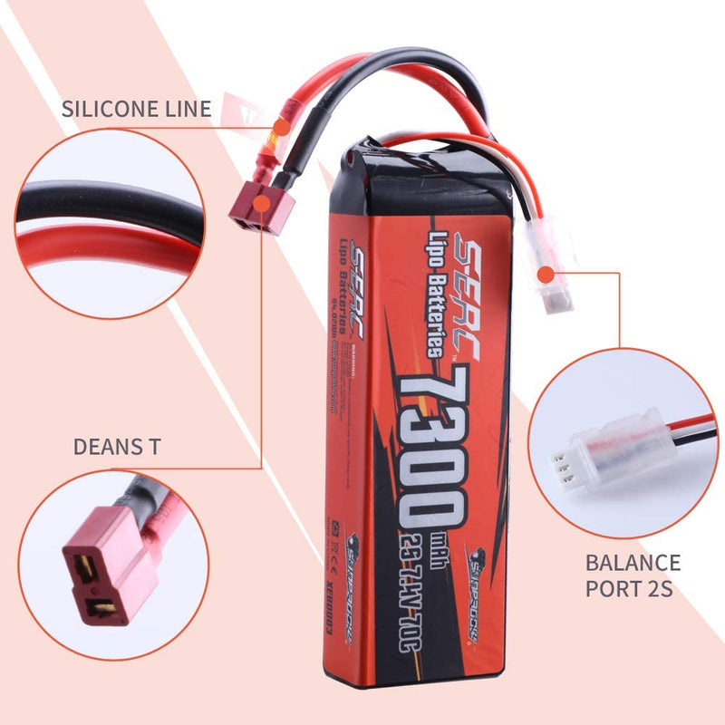 【Sunpadow】2S 7.4V Lipo Battery 7300mAh 70C Soft Pack with Deans T Plug for RC Vehicles Hobby