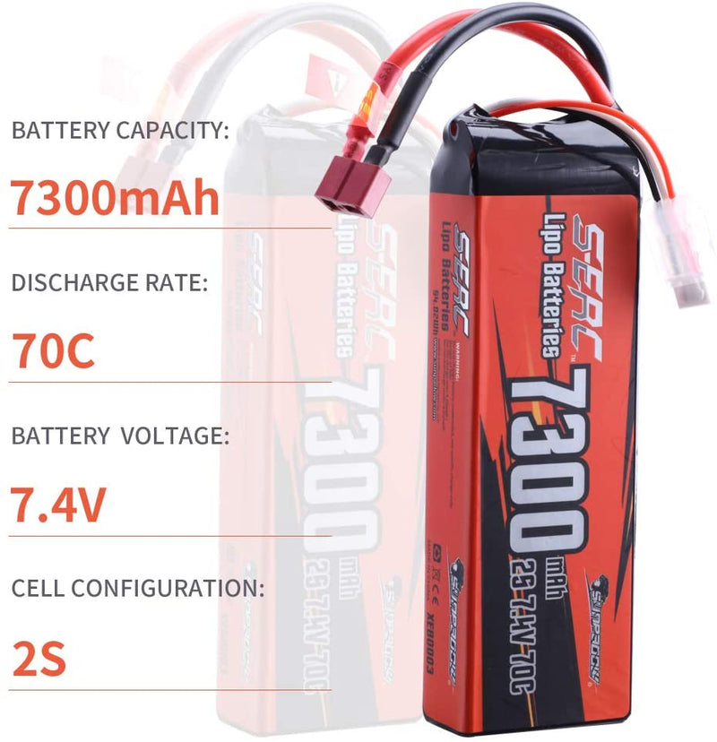 【Sunpadow】2S 7.4V Lipo Battery 7300mAh 70C Soft Pack with Deans T Plug for RC Vehicles Hobby