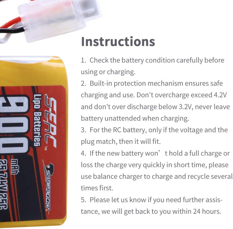 【Sunpadow】7.4V 2S RC Lipo Battery 25C 900mAh with JST Plug for RC Airplane Racing 2 Packs (Buy One Get Two)
