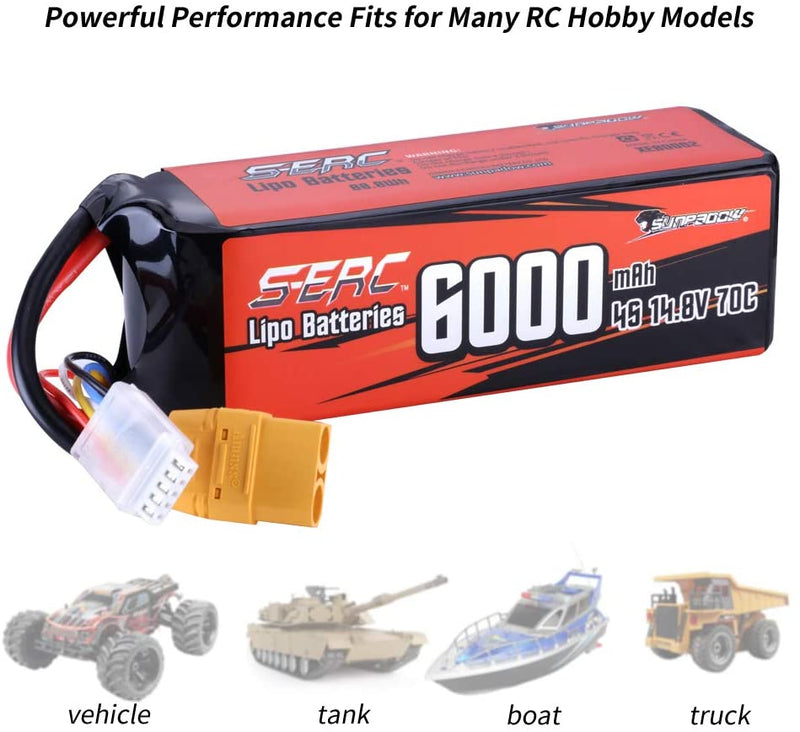 【Sunpadow】 4S Lipo Battery 14.8V 6000mAh 70C Soft Pack with XT90 Connector For RC Car