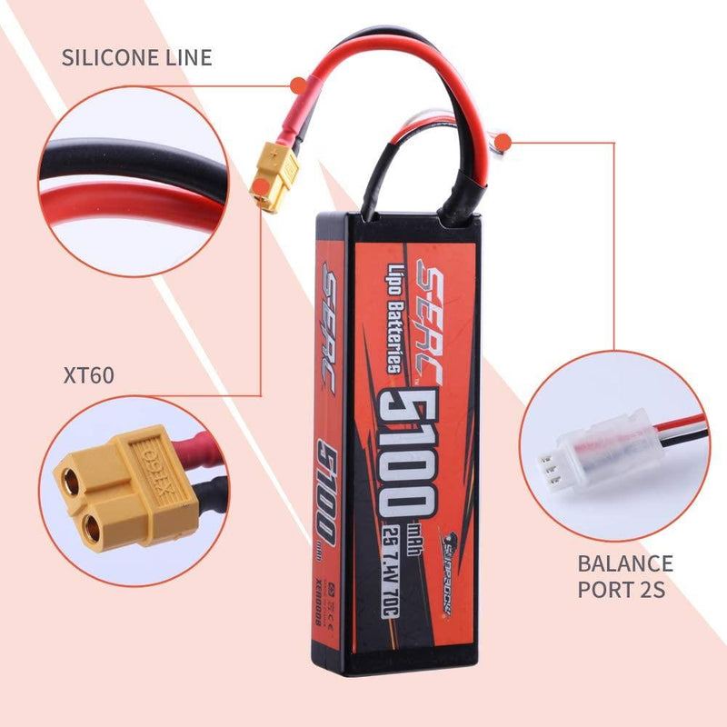 【Sunpadow】 2S 7.4V Lipo Battery 5100mAh 70C Hard Case with XT60 Connector