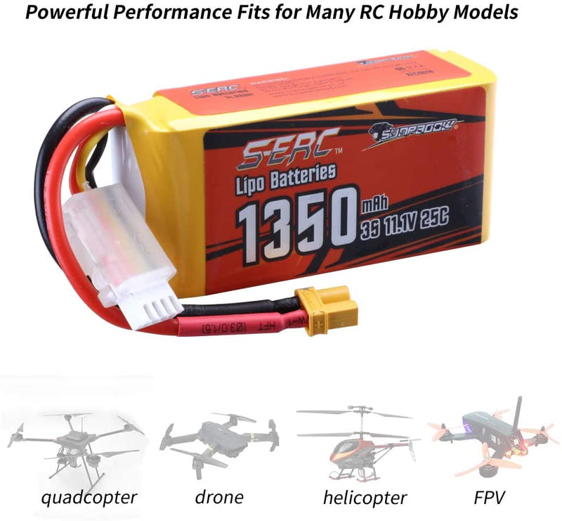 【Sunpadow】11.1V 3S RC Lipo Battery 25C 1350mAh for RC Airplane 2 units/pack